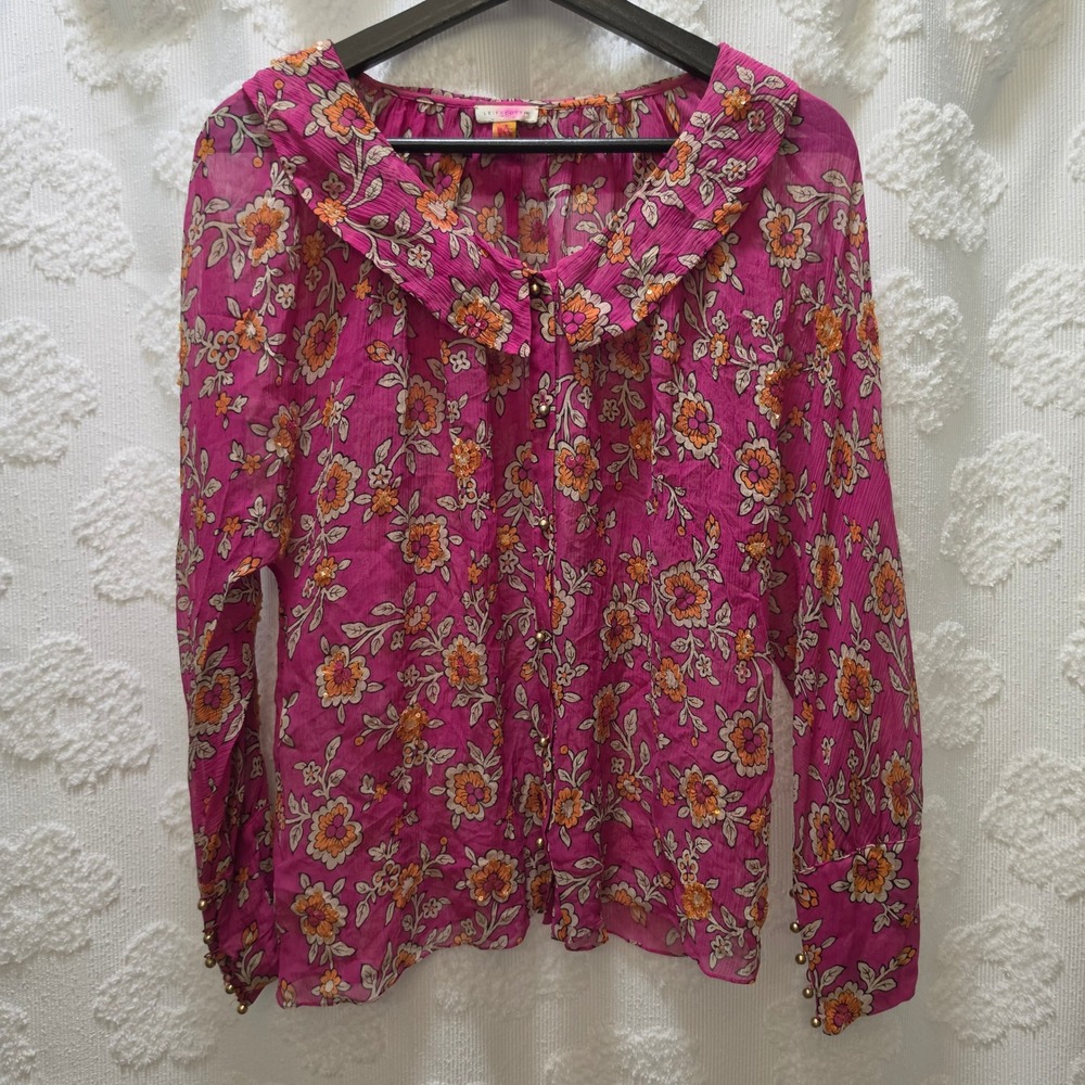 Leifsdottir Magenta Pink Floral 100% Silk Sequin Button Front Blouse Small